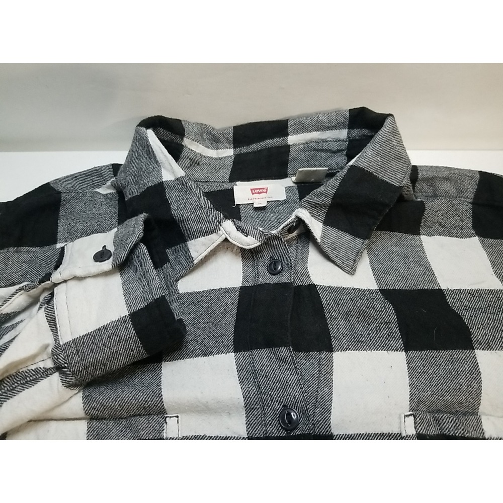 Levis Womens 1X Long Sleeve Flannel Plaid Button Up Shirt Black White